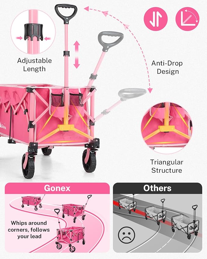 Gonex 38''L Collapsible Foldable Wagon Cart with 360lbs Weight Capacity, 220L Folding Utility Garden Cart with Detachable Wheels for Grocery Sports Shopping Camping - Pink