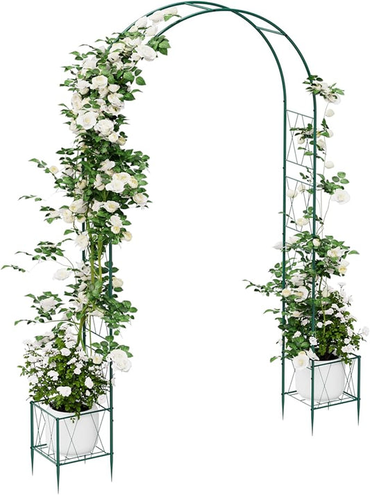 Thickened Tube Garden Arch Trellis with Planter Boxes,Metal Arch Frame,Pumpkin Archway Outdoor Garden Arbors and Arches for Wedding Party Decoration, Christmas Decor Pergola for Garden Backyard(Green)