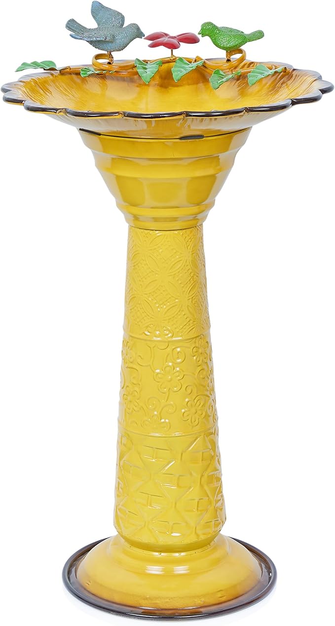 Alpine Corporation ORS112YL Vintage Metal Pedestal Birdbath with Stand, Shallow Bird Bath Bowl for Outside, 28" H, Yellow