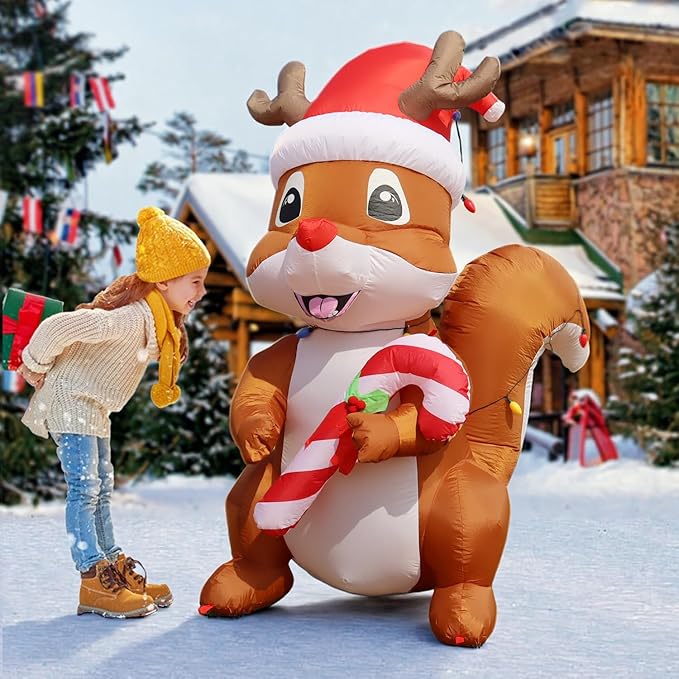 6FT Christmas Inflatables Squirrels Wrapped Colorful Lights, Funny Christmas Blow Ups Squirrels Decoration, Built-in LEDs for Holiday Party Front Garden Lawn Yard Patio Outdoor