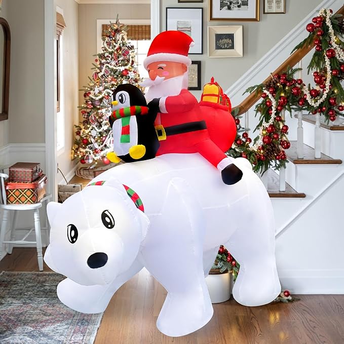 6FT Christmas Inflatable Santa Riding Polar Bear with Penguin Decorations, LED Light Up & Built-in Speaker, Blow Up Outdoor Indoor Xmas Yard Decor for Lawn Garden Party Holiday Season