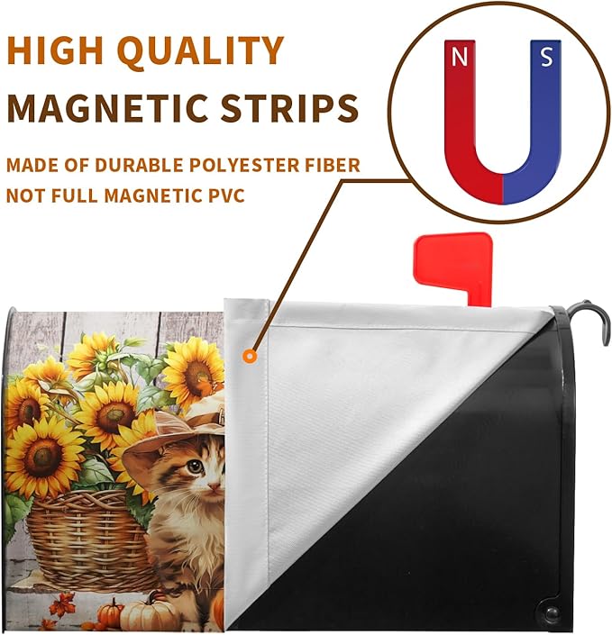 Fall Pumpkin Sunflower Mailbox Covers Magnetic 25.5X21 Inch Cute Cat Autumn Harvest Mailbox Cover Thanksgiving Wraps Post Letter Box Cover Large Size Garden Farm Outdoor Yard Decor