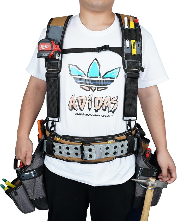 MELOTOUGH Tool Belt with Suspenders Tool Bag Suspenders Framers Comb Apron Tool Belt Construction Tool Pouch Builder Heavy Duty Carpenter Suspension Rig for Electrician, Roofing,Contractor(Khaki)