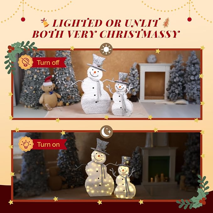 VINGLI 5ft Set of 2 Lighted Snowman Christmas Decorations, 2D Tinsel Snowmen with Top Hats, 80 Warm White LED Lights, Indoor Outdoor Xmas Yard Lawn Porch Holiday Decor