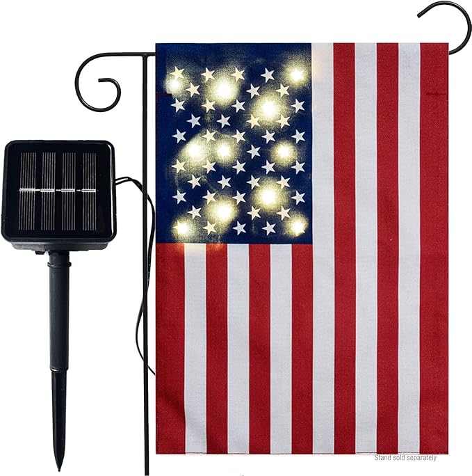 American Flag USA Yard Garden Flag with Lights- Solar LED Burlap US Flag 4th of July All Season Garden Flag 12 x 18 Double Sided for Patio Lawn Outside Outdoor Decorative Farmhouse