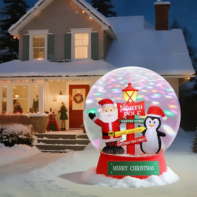 Juegoal Christmas Inflatables Decorations Outdoor, 6FT Inflatable Xmas Snow Globe with Built-in Rotating Lights, Lighted Blow Up Santa & Penguin in Snowing Globe for Holiday Winter Lawn Yard Garden