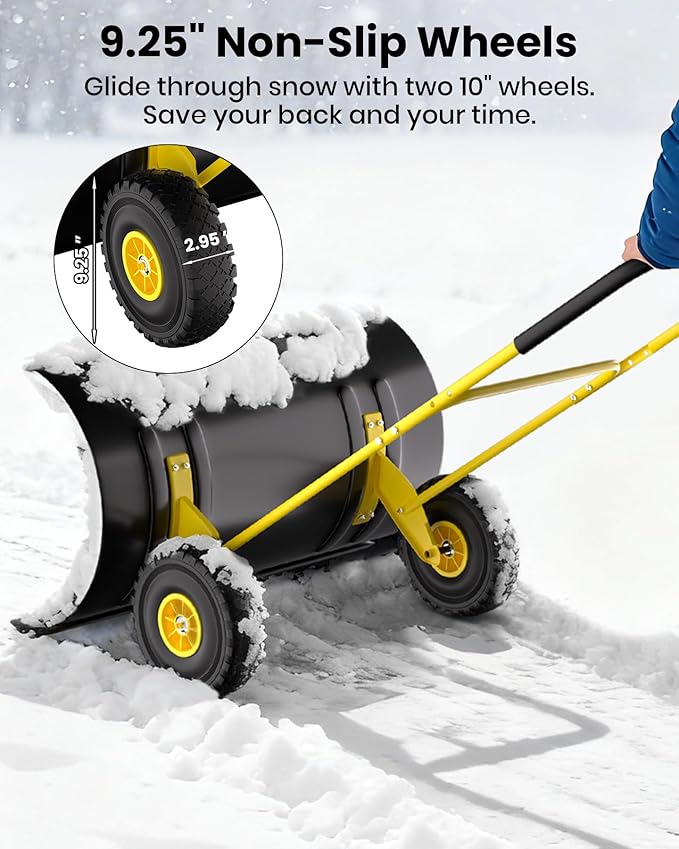 Snow Pusher with Wheels for Driveway, 29.5" Wide Heavy Duty Steel Blade, 2-Position Height Adjustment & 60° Tilt Handle, Ergonomic Push Snow Shovel with Ground Protection for Effortless Snow Removal