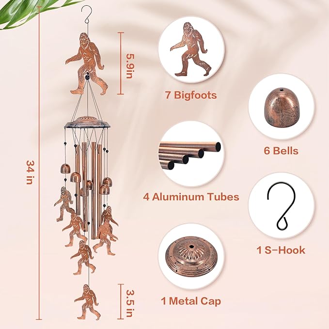 Christmas Gifts for Men Bigfoot Wind Chimes Outdoor Big Foot Sasquatch Gifts for Women/Dad/Grandpa Birthday Metal WindChimes for Outside/Indoors, Home, Lawn, Patio, Garden Decor, Yard Decoration