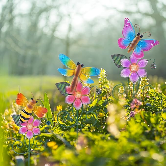 Topadorn Floral Garden Stakes Outdoor Plant Pick Waterproof Metal Flower Garden Stakes for Lawn Yard Patio,Pathway and Planter Pot Decor,Set of 3,Bee,Butterfly and Dragonfly