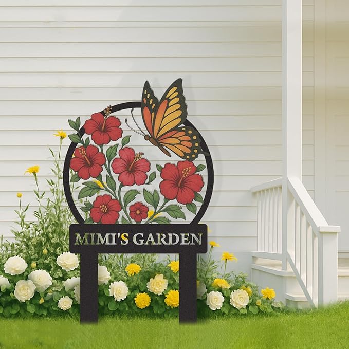 Personalized Garden Signs, Colorful Butterfly Garden Decor for Outside, Decorative Yard Stakes, Metal Yard Art, Patio Decor, Custom Last Name Sign, Lawn Art, Gardening Gifts Color05