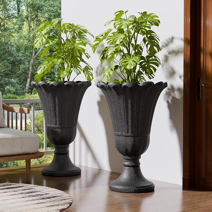 Tall Plastic Urn Planters for Outdoor Plants Set of 2-23.6" H Classic Petal Design Indoor Large Flower Pots with Drainage Holes, Outdoor Planters for Porch Decor/Garden Vase, Black