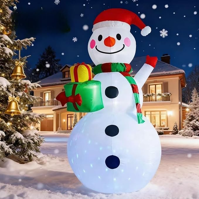 8FT Christmas Inflatable Outdoor Decoration Christmas Snowman with Gift Boxes Built-in Colored Lights & LED Lights Suitable for Yard, Lawn, Outdoor Holiday Party Decorations、