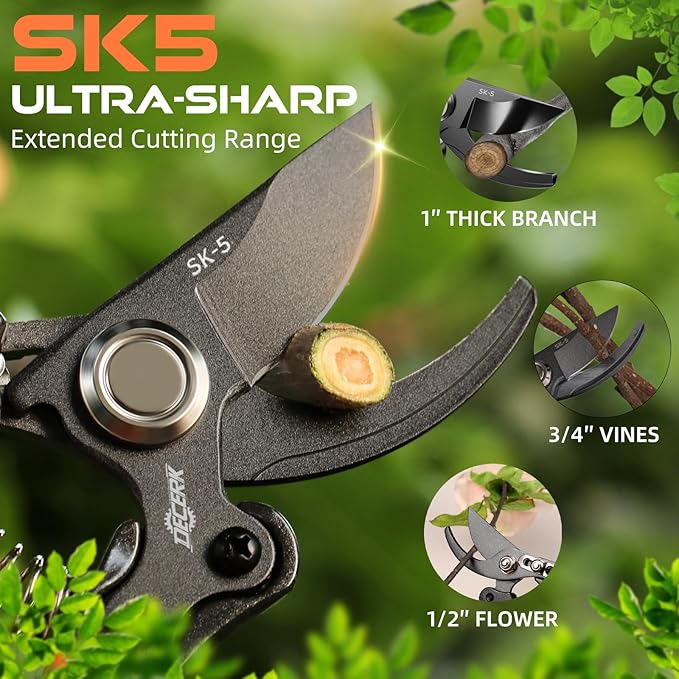 8.5" Professional Pruning Shears - Cuts 4X Easier with Ultra Sharp Japanese Steel Titanium Blade, Arthritis Friendly Garden Scissors & Plant Clippers, Effortlessly Prunes 3/4" Branches