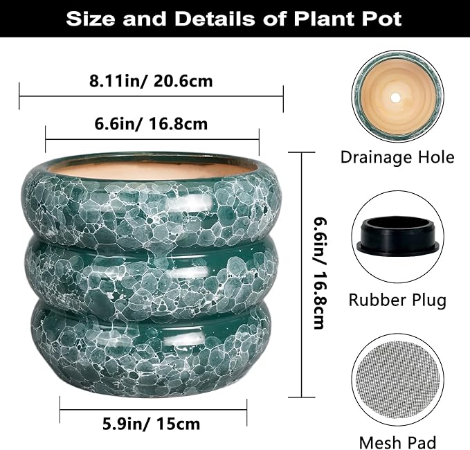 SQOWL 8 Inch Pot for Plants Indoor - Ceramic Planter Medium Plant Pot with Drainage Hole Round Flower Pot Outdoor Mid-Century Planter for Entry Way Table Home Decor Green