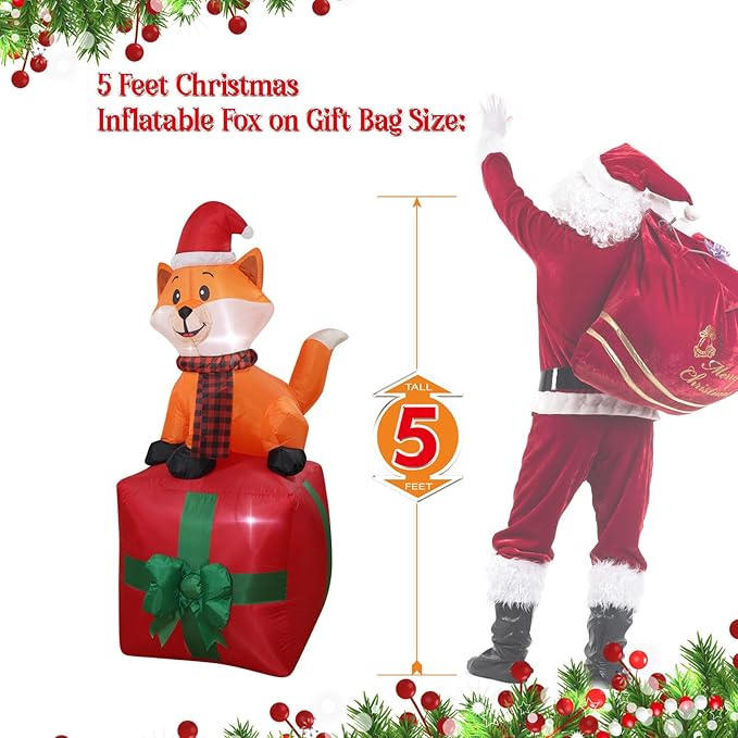 Christmas Inflatables Fox on Giftbox Lighted Yard Lawn Inflatable Decoration with Built-in Fan and Stakes Ropes Holiday Party Decor, Christmas Decor (5FT-Fox on GiftBox)