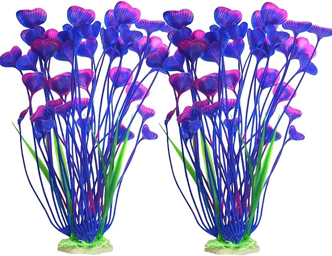 2PCS Aquarium Decor Plastic Plants, Large 16 Inches Artificial Fish Tank Plants (Purple)