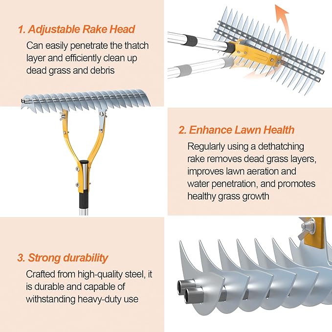 TOOVEM Thatch Rake, 15-inch Lawn Thatching Rake with Heavy Duty Steel Tines & Ergonomic Handle, 70-Inch Professional Dethatching Rakes for Effective Lawn Care, Garden & Yard Tool