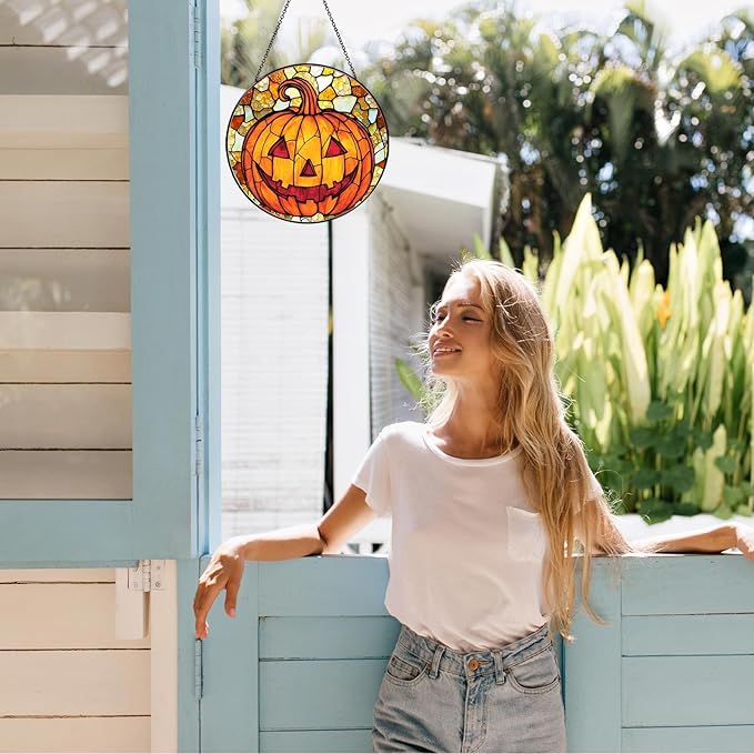 Pumpkin Stained Glass Window Hanging Horror Sun Catcher Decor Halloween Suncatchers for Garden Home Windows Hanging Decoration, 7.87inch