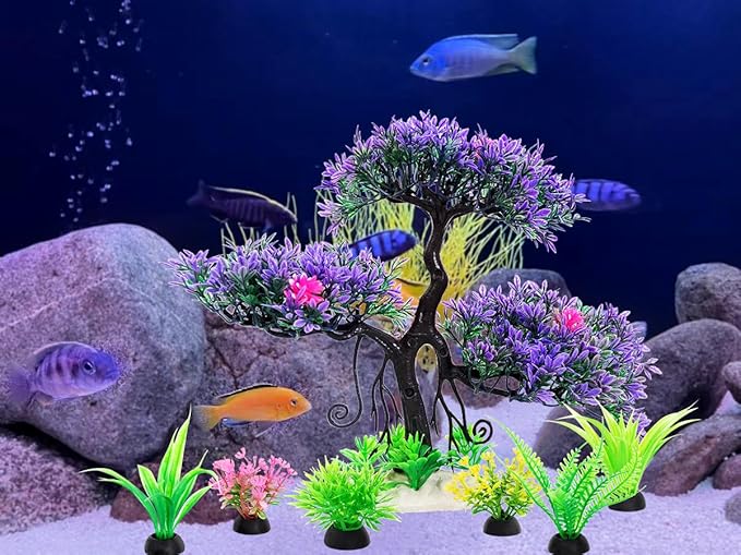 Fish Tank Aquarium Decorations Artificial Plastic Plants Bonsai Tree with Small Aquarium Decorations Kit (Purple 2)