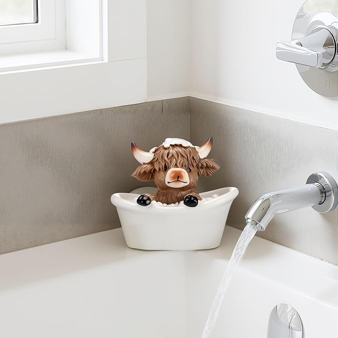 Karenhi 3 Pcs Highland Cow Figurines Bathroom Highland Cow Gnomes Bath Scottish Resin Statue Calf Lovers Gifts for Home Garden Kitchen Office Tiered Tray Table Decor