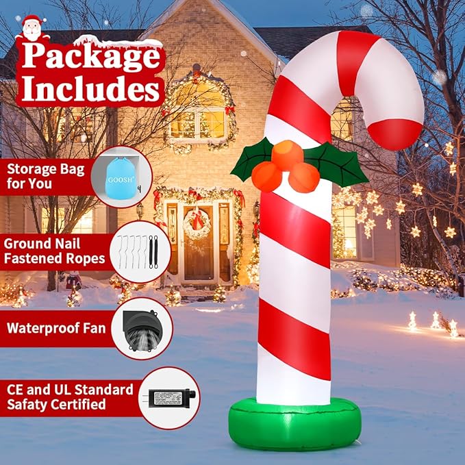 GOOSH 6 FT Christmas Inflatables Candy Cane Outdoor Decorations Blow Up Yard Candy Cane with Built-in LEDs for Holiday Xmas Garden Lawn Decor