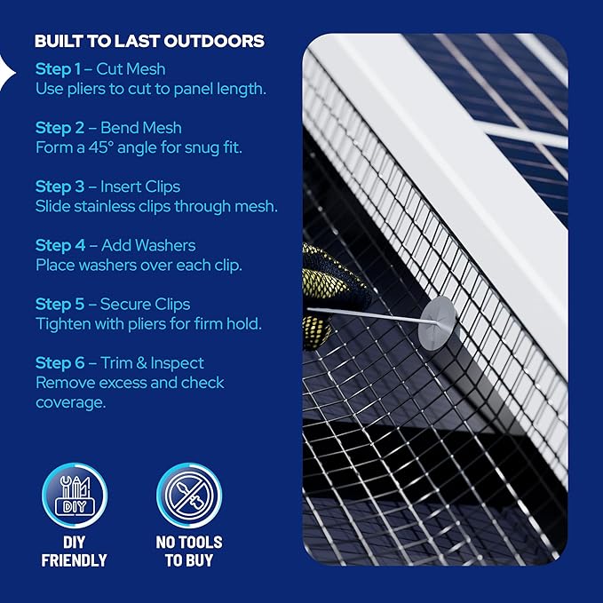 KastLite Solar Panel Bird Guard Mesh Kit - 6in x 100ft PVC Coated Galvanized Wire Screen with 100 Stainless Clips, Pliers & Gloves - No Drill Critter & Rodent Barrier Fence for Under Panels, Black