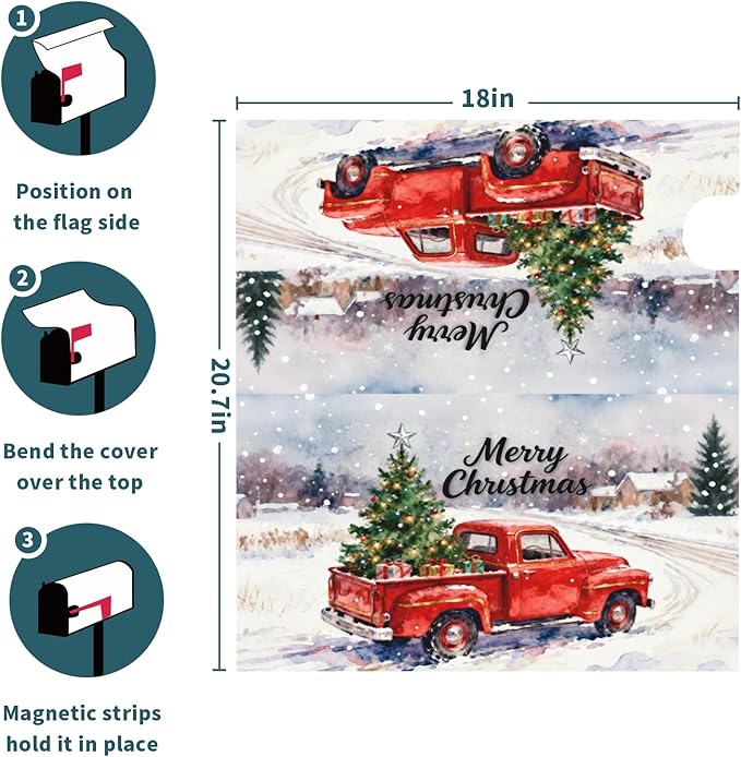 Merry Christmas Mailbox Covers Magnetic Standard Size Red Truck Xmas Tree Rustic Snow Scene Holiday Outdoor Decorative Farmhouse Letter Box Cases for Home Garden Outside Decor, 21x18 Inch