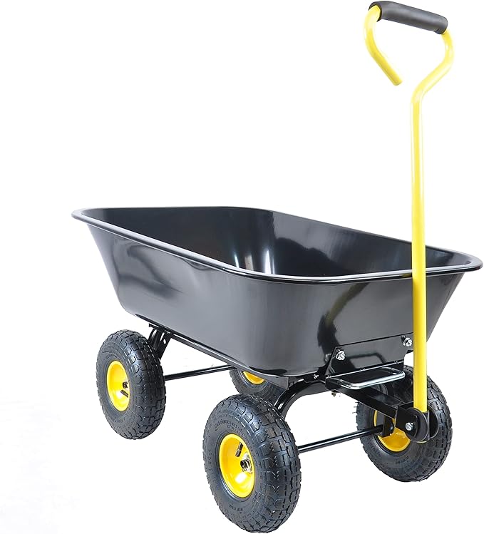 Metal Wheelbarrow, Easy Loading and Dumping Garden Cart with Steel Tray, Durable Heavy Duty Utility Trolley for Transporting, Soil, Sand (Black, 4 Wheels-75L)