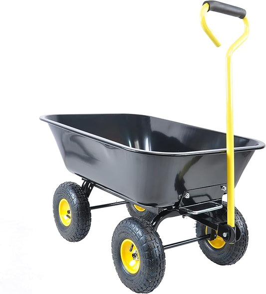 Metal Wheelbarrow, Easy Loading and Dumping Garden Cart with Steel Tray, Durable Heavy Duty Utility Trolley for Transporting, Soil, Sand (Black, 4 Wheels-75L)