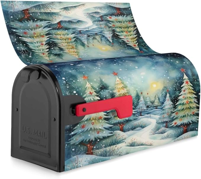 DADABULIU Mailbox Covers Christmas Tree Watercolor Winter Forest Christmas Tree Watercolor Winter Forest Magnetic Letter Post Box Cover Standard Size 21 x 18 Inch Garden Yard Home Decorative