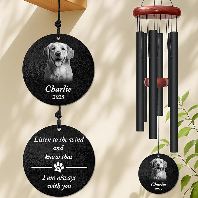 Personalized Dog Memorial Wind Chime – Custom Pet Photo & Name “Remember Me with Love” Windchime – Sympathy Gift for Pet Loss – Memorial Windchimes for Loss of Loved One – Remembrance Décor