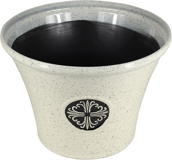 Garden Elements Round Plastic Logo Modern Planter, Beige, Large 14.75"