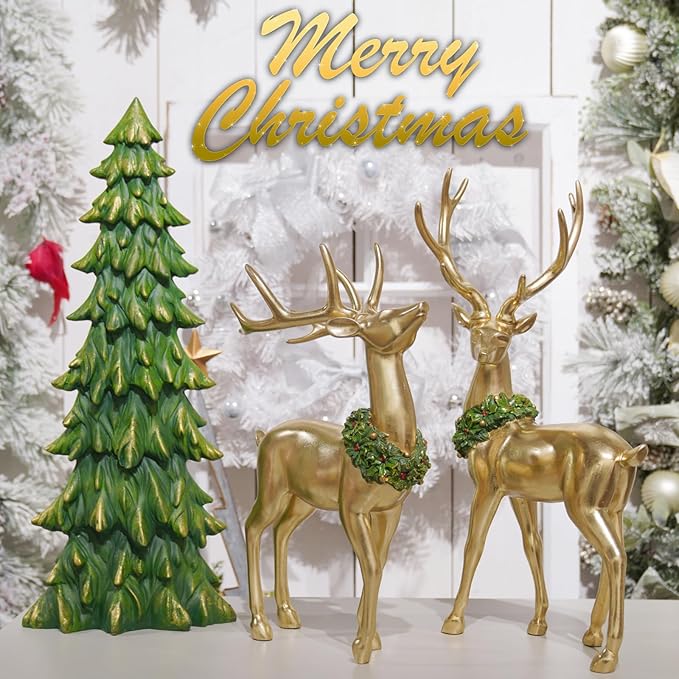 Newman House Studio Standing Reindeer Tree Figurine Christmas-Decor - 3PC Large Christmas Reindeer Decor Indoor Gold Resin Deer with Tree Statue White Farmhouse Decor 10.75 * 7 * 20.25 inch