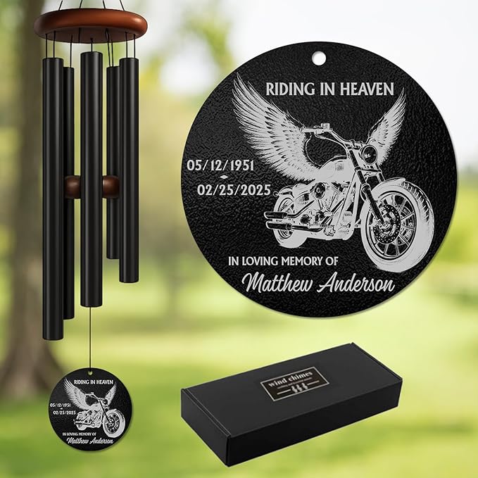 Personalized Motorcycle Memorial Wind Chime – “Riding in Heaven” Custom Name & Dates – Angel Wings Biker Tribute Gift – Outdoor Sympathy Windchime for Loss of Loved One – Memorial Garden Décor