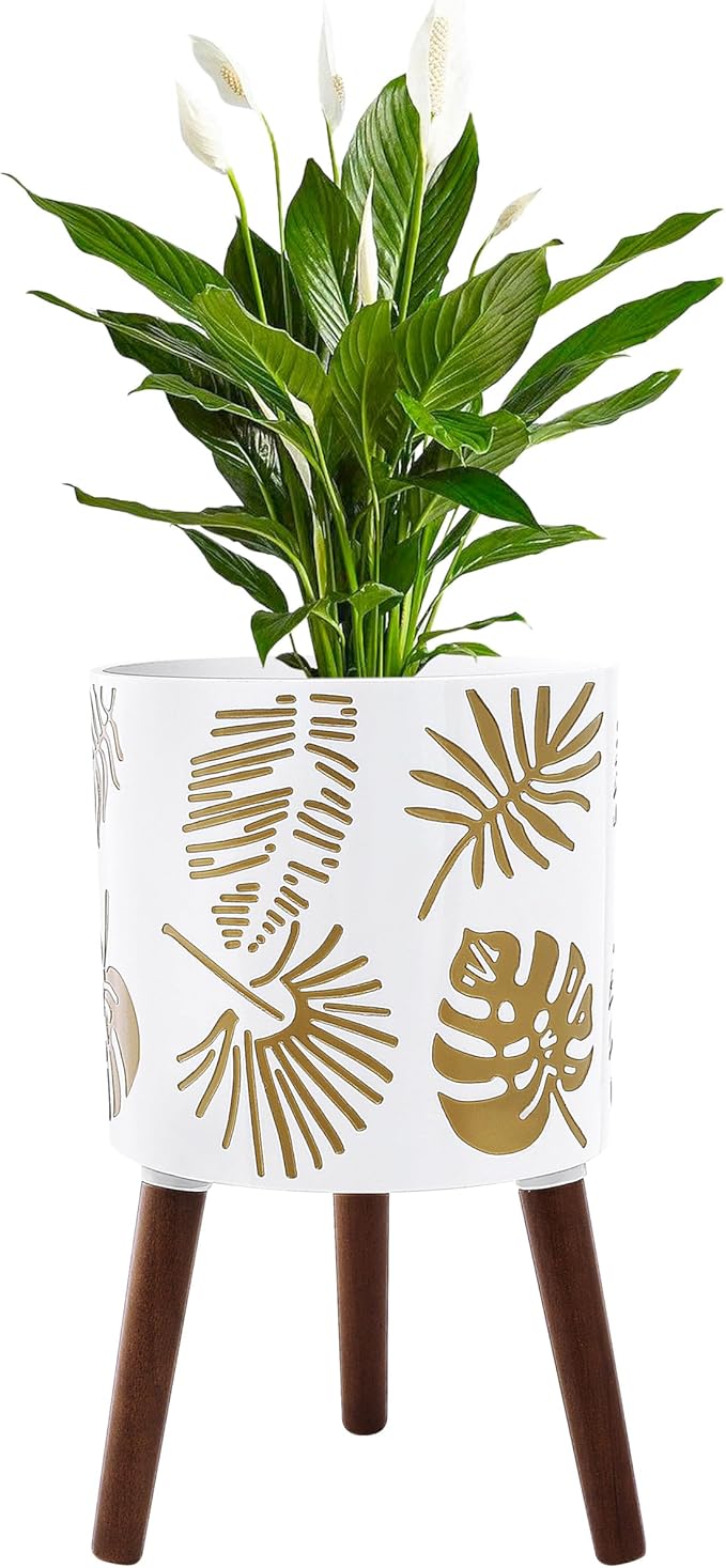12 Inch Planter for Indoor Plant, Plant Pot with Stand Plants with Stand, Large Planters for Indoor Plants,Flower Pot with Drainage Holes for Outdoor,White and Gold