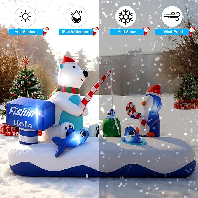 7FT Giant Inflatable Christmas Decor,Cute Polar Bear Fishing with Penguin, Holiday Party Decor,Outdoor Blow Up Yard Decoration with Built-in LED Lights for Xmas, Garden, Lawn