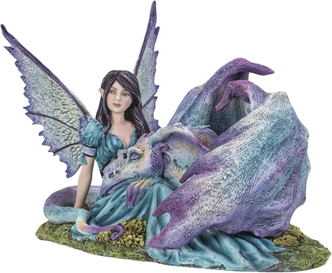 Pacific Giftware Cold Cast Resin Fairy and Lying Sleeping Dragon Figurine, Indoor and Outdoor Unique Decor for Living Room, Porch, & More, 8.7 Inches