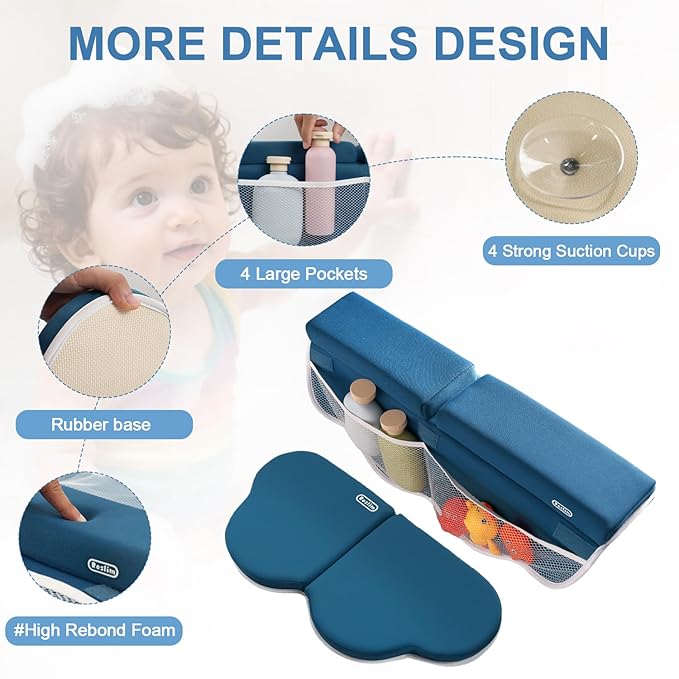 Roslim Bath Kneeler and Elbow Rest Pad Set - Non-Slip Knee& Arm Support Bathtub Mat with Organizer Pockets, Quick Drying, Foldable, Non-Slip Kneeling Pad for Parents, Blue