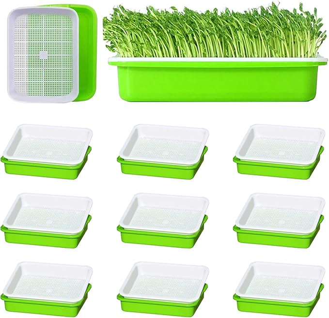 10 Pack Seed Sprouter Tray, Sprouter Microgreens Growing Kit BPA Free Nursery Tray Big Capacity Sprouts Growing Kit for Indoors or Outdoors Sprouting Seeds, Cat Grass, Beans, Wheatgrass