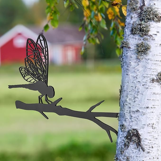 Dragonfly Metal Tree Spike Silhouette – 17” Laser-Cut Garden Decor – Weather-Resistant Outdoor Yard Art – Made in USA – Decorative Metal Garden Stake for Trees, Planters, and Landscapes
