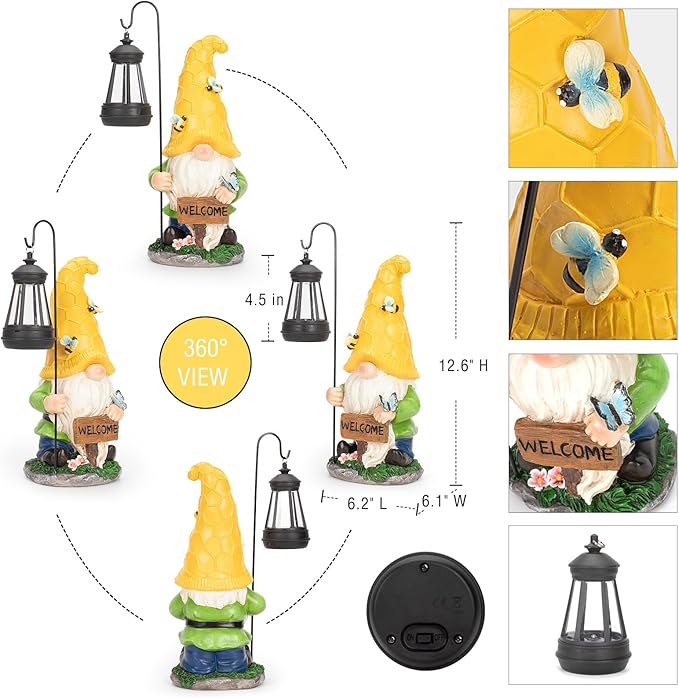 Solar Large Garden Gnomes Outdoor Statues with Lantern Light, Welcome Gnome Garden Outdoor Decor Gift Waterproof Decoration for Patio, Balcony, Yard Ornament Mom Gift