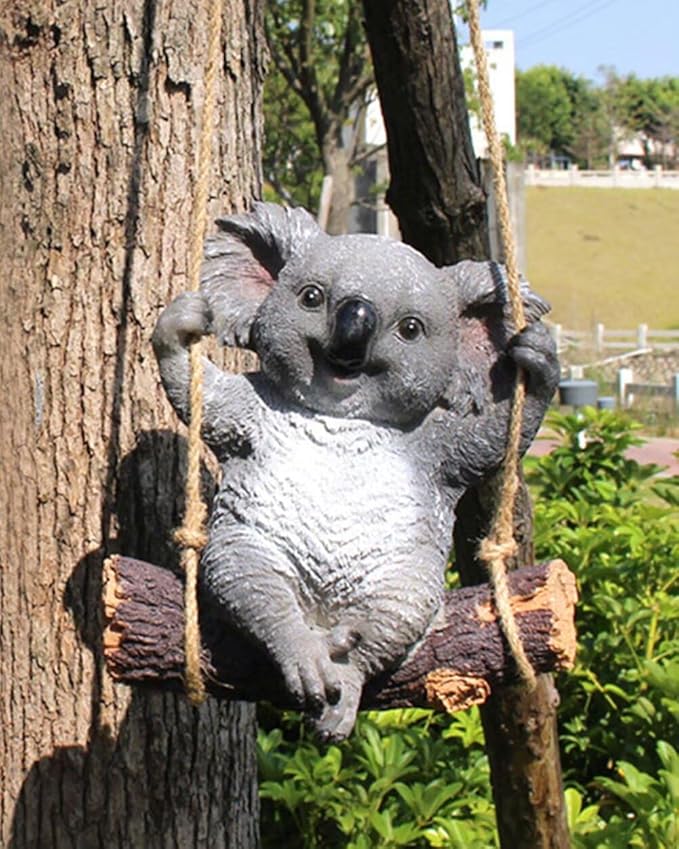 Swinging Koala Figurines Resin Garden Statues for Patio Balcony Backyard Lawn Ornaments Grey A