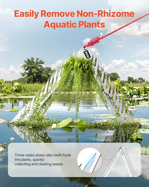 VEVOR 24in Aquatic Weed Rake, 3-Sided Lake Weed Rake with Handle, Portable and Foldable Pond Water Grass Razor, Stainless Steel Throwable Floating Pond Weeds Cutter with 30 ft Rope, for Lakes Ponds