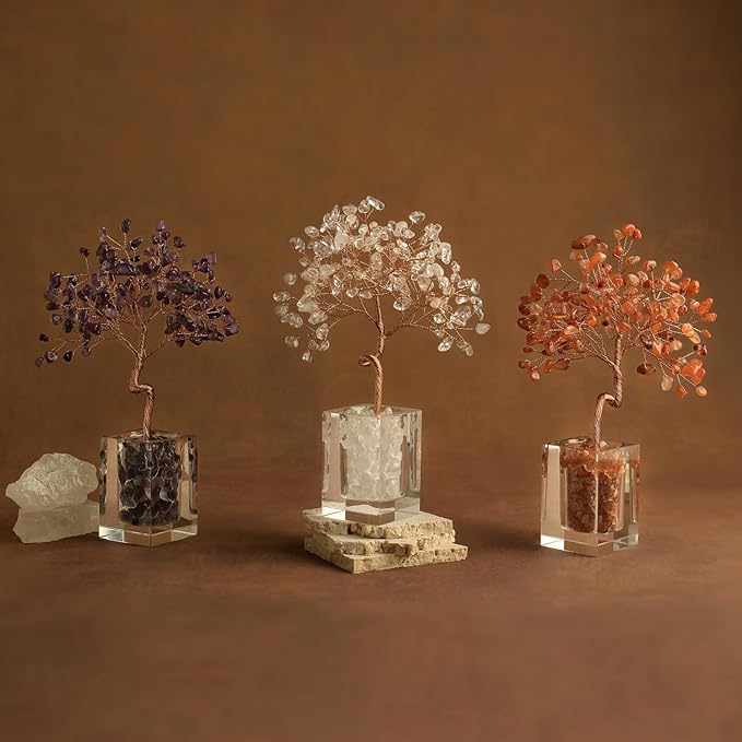 Crystal Tree for Home Decor 6.5 Inch Carnelian Gem Plant with 147 Stones Spiritual Decor Healing Energy Bonsai Tree Handmade Gift for Meditation Room Office Women & Men