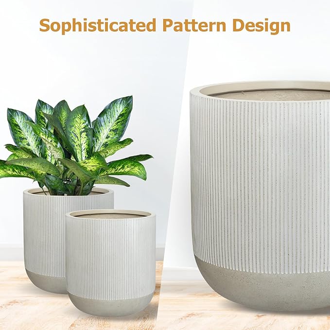 14.2" H x 13" D Ribbed Radius Fiberstone Round Planter - Christmas Tree Planter, Weather Resistant for Indoor and Outdoor Use, Included 2 Extra Coco Mats (Frost Grey, 11.5" Pot Opening)