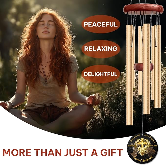 Personalized Faith & Nature Memorial Wind Chime – “Always Loved, Never Forgotten” Golden Cross with Deer & Bear – Custom Name & Dates Outdoor Sympathy Gift – Memorial Windchimes for Loss of Loved One