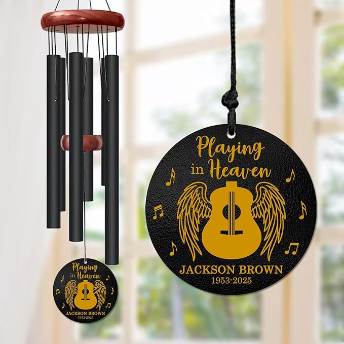 Personalized Guitar Memorial Wind Chime – “Playing in Heaven” Custom Name & Years – Music Lover Sympathy Gift – Remembrance Windchime with Angel Wings & Notes – Tribute for Musicians or Singers