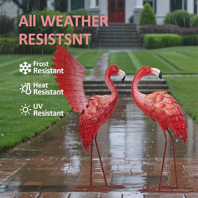 Natelf Flamingo Garden Statues Outdoor Decor, Set of 2 Metal Flamingo Yard Art with Spread & Folded Wings, Weather-Resistant Pink Flamingo Lawn Sculpture for Patio, Backyard - Gift for Women, Mom