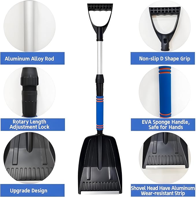 2 Pack Kids Snow Shovel, Lightweight Aluminum Snow Shovels with Adjustable D-Grip Handle, Detachable Parent-Child Playing Snow Removal Winter Emergency Tools Ice Shovel for Cars Driveway Garden