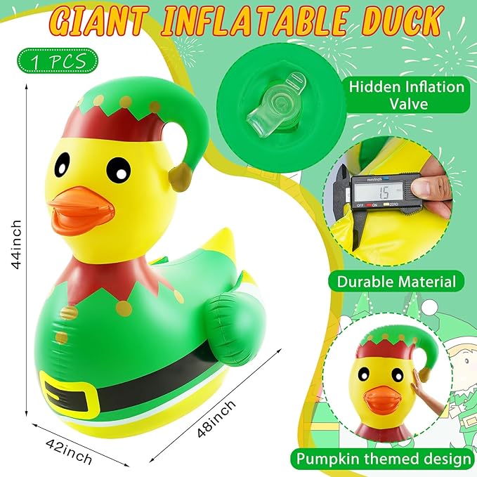 Hungdao 1 Pcs 4 Feet PVC Christmas Giant Inflatable Elf Duck Huge Rubber Large Blow up Duck Christmas Pool Floats for Xmas Holiday Indoor Outdoor Pool Decorations
